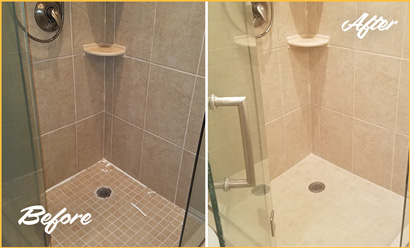 Before and After Picture of a Shower with Missing and Cracked Caulking