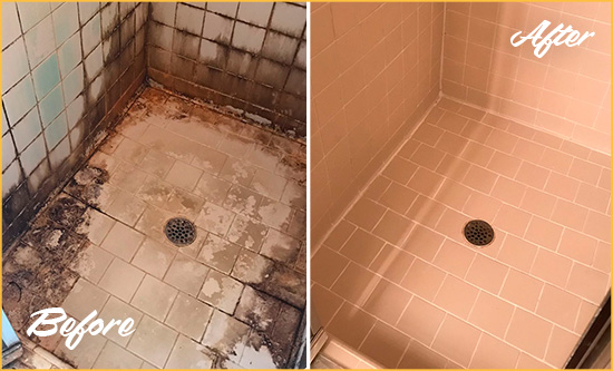 Before and After Picture of a Bathroom Grout Caulking Service