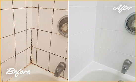 Picture of a White Tile and Tub with Moldy Joints Before and After a Caulking Service