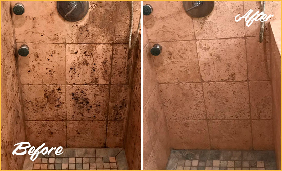 Picture of Moldy Travertine Shower Before and After Cleaning and Sealing Service to Remove Mold