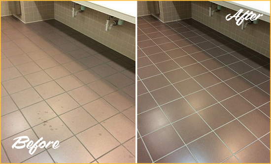 Before and After Picture of a Crownsville Restrooms Tile and Grout Cleaned to Remove Embedded Dirt