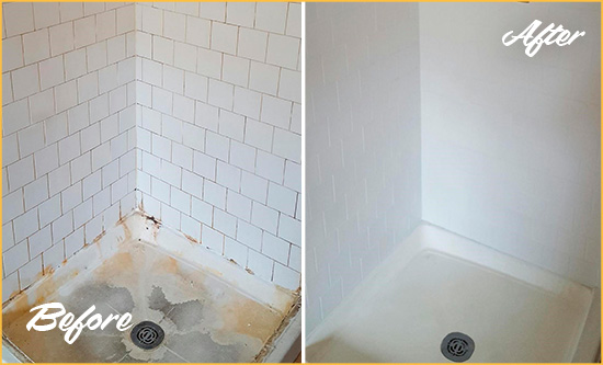 Before and After Picture of a Severn Shower Tile and Grout Cleaned to Remove Soap Scum