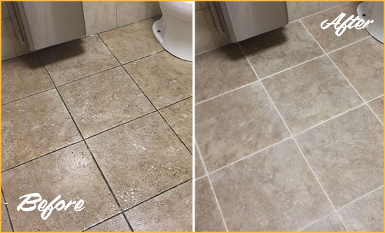 Before and After Picture of a Harwood Restroom Tile and Grout Cleaned to Remove Soil