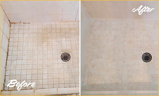 Before and After Picture of a Edgewater Shower Caulked to Fix Cracks