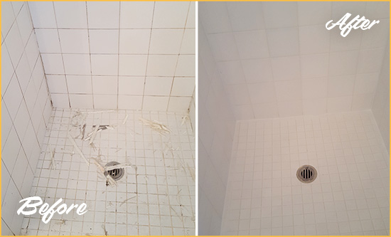 Before and After Picture of a Severn Bathroom Re-Caulked To Repair Damaged Caulking