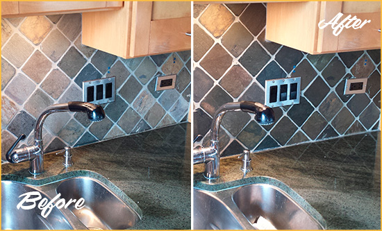 Before and After Picture of a Crofton Backsplash Caulked to Fix and Prevent Water Leaks