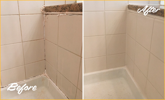 Before and After Picture of a Arnold Shower Caulked to Repair Damaged Caulking