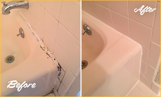Before and After Picture of a Severn Bathroom Sink Caulked to Fix a DIY Proyect Gone Wrong