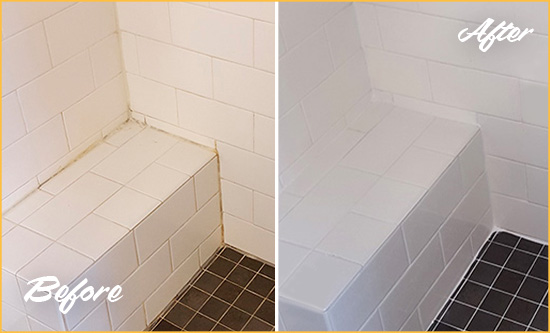 Before and After Picture of a Arnold Shower Seat Caulked to Protect Against Mold and Mildew Growth