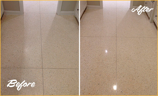 Before and After Picture of a Bowie Granite Stone Floor Polished to Repair Dullness