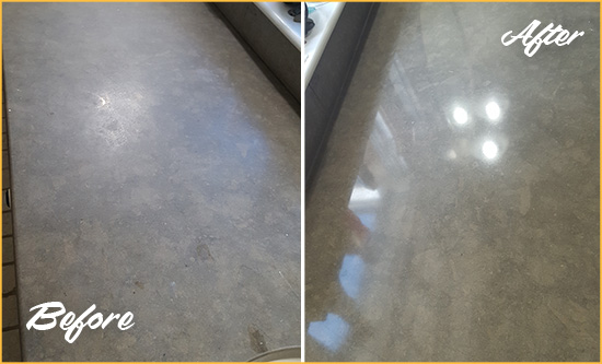 Before and After Picture of a Dull Bowie Limestone Countertop Polished to Recover Its Color