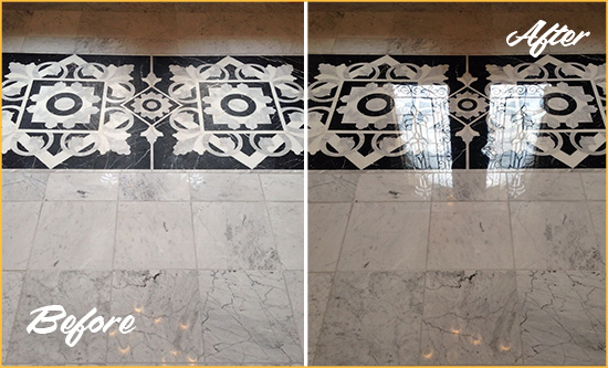 Before and After Picture of a Bowie Marble Stone Floor Polished to a Mirror Shine