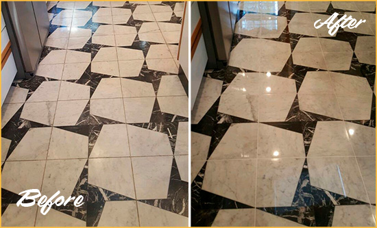 Before and After Picture of a Dull Bowie Marble Stone Floor Polished To Recover Its Luster