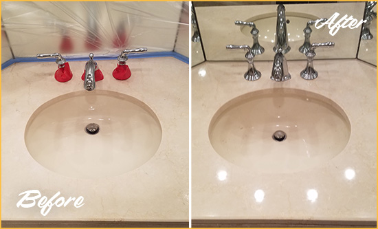 Before and After Picture of a Dull Bowie Marble Stone Vanity Top Polished to Bring-Back Its Sheen