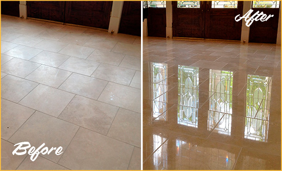 Before and After Picture of a Dull Bowie Travertine Stone Floor Polished to Recover Its Gloss