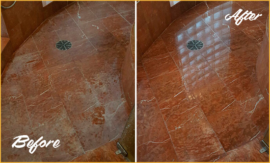 Before and After Picture of a Bowie Marble Stone Shower Polished to Eliminate Mineral Deposits