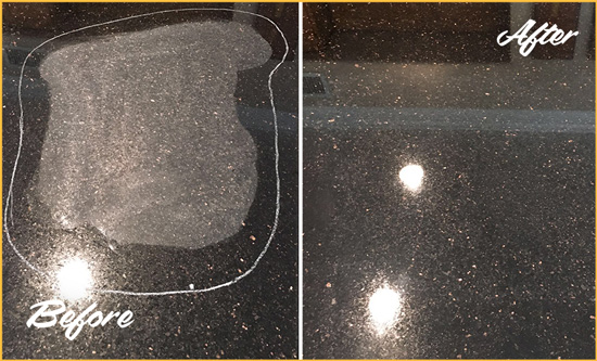 Before and After Picture of a Bowie Granite Stone Countertop Polished to Remove Scratches