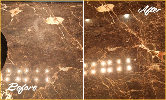 Before and After Picture of a Bowie Marble Stone Countertop Polished to Eliminate Stains