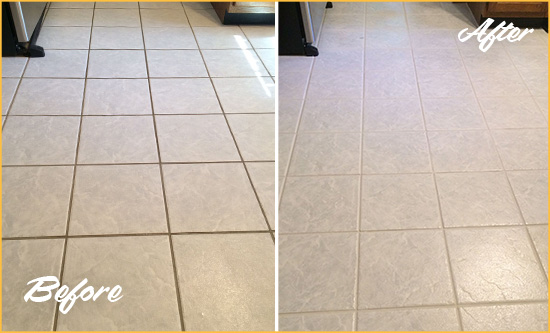 Before and After Picture of a Gambrills Kitchen Ceramic Floor Sealed to Protect From Dirt and Spills