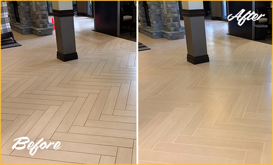 Before and After Picture of a Dirty Severn Ceramic Office Lobby Sealed For Extra Protection Against Heavy Foot Traffic