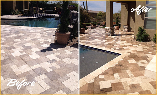 Before and After Picture of a Faded Crownsville Travertine Pool Deck Sealed For Extra Protection