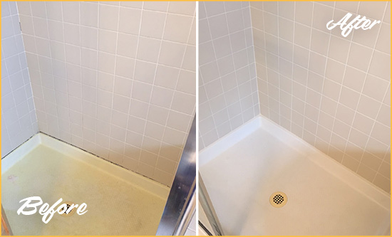 Before and After Picture of a Harwood Shower Sealed to Remove and Protect Against Mold