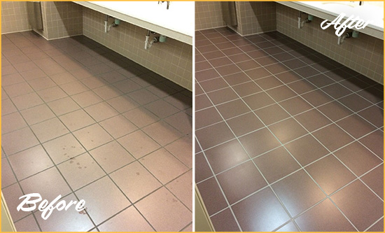 Before and After Picture of a Harwood Restroom Sealed to Help Protect Against Scratches