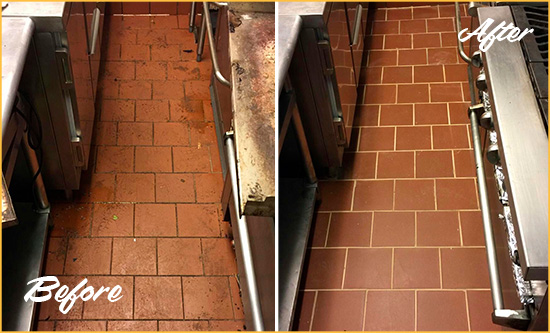 Before and After Picture of a Severna Park Restaurant Kitchen Floor Sealed to Remove Soil