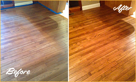 Before and After Picture of a Bowie Wood Sand Free Refinishing Service on a Dull Floor to Recover Its Sheen