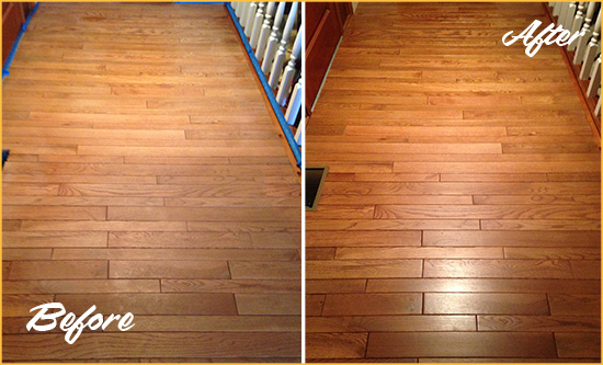 Before and After Picture of a Bowie Wood Sand Free Refinishing Service on a Dull Hallway