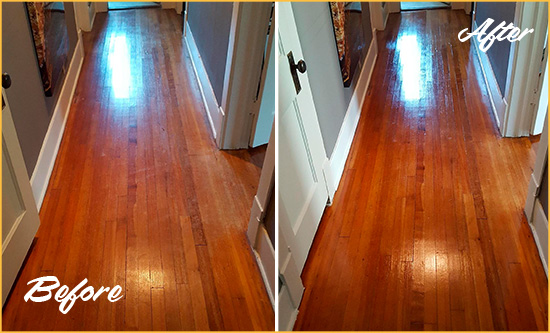 Before and After Picture of a Bowie Wood Sand Free Refinishing Service on a Floor to Eliminate Scratches