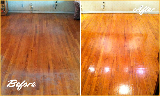 Before and After Picture of a Bowie Wood Sand Free Refinishing Service on a Stained Floor