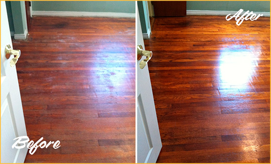 Before and After Picture of a Bowie Wood Sand Free Refinishing Service on a Dull Floor to Remove Stains