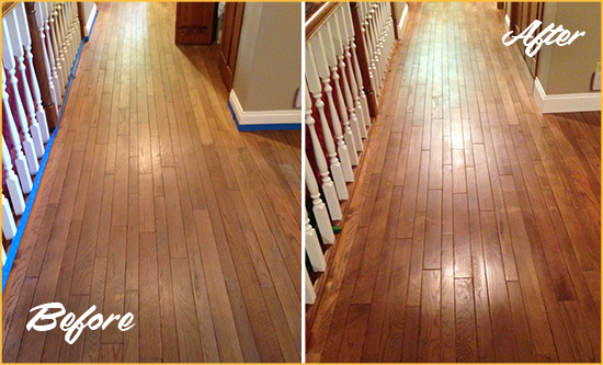 Before and After Picture of a Bowie Wood Sand Free Refinishing Service on a Worn Out Floor