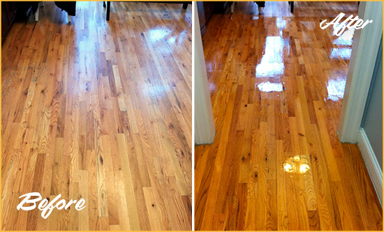 Before and After Picture of a Bowie Wood Sand Free Refinishing Service on a Worn Out Hallway