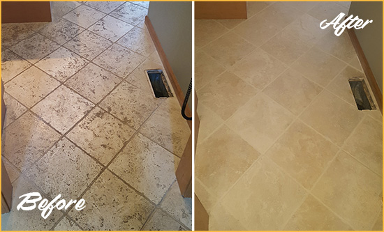 Before and After Picture of a Bowie Kitchen Marble Floor Cleaned to Remove Embedded Dirt