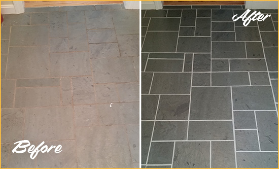 Before and After Picture of a Gambrills Slate Floor Cleaned to Remove Deep-Seated Dirt