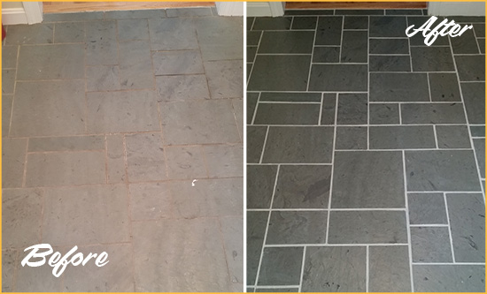 Before and After Picture of a Pasadena Slate Floor Cleaned to Remove Deep-Seated Dirt