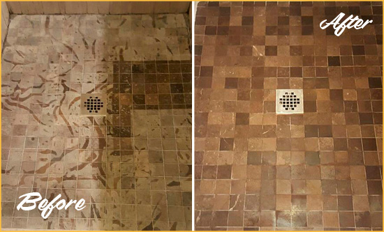 Before and After Picture of a Stained Bowie Marble Shower Floor Cleaned to Remove Etching