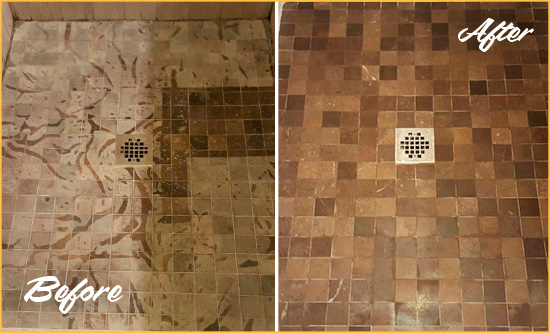 Before and After Picture of a Stained Crofton Marble Shower Floor Cleaned to Remove Etching