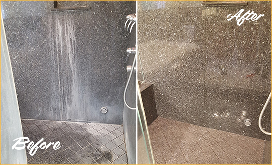 Before and After Picture of a Millersville Granite Shower Cleaned to Remove Mineral Deposits