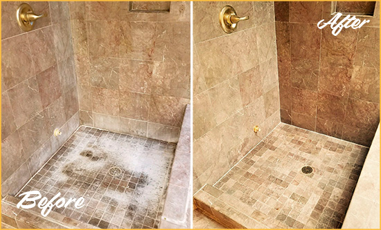 Before and After Picture of a Crownsville Travertine Shower Cleaned to Eliminate Water Spots