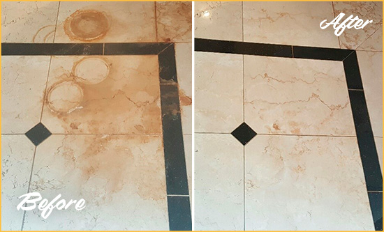 Before and After Picture of a Bowie Marble Floor Cleaned to Eliminate Rust Stains