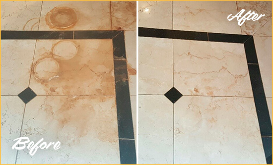 Before and After Picture of a Davidsonville Marble Floor Cleaned to Eliminate Rust Stains