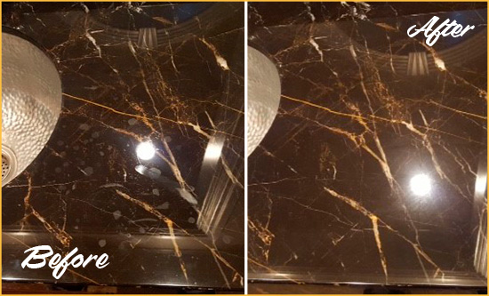 Before and After Picture of a Harwood Marble Countertop Cleaned to Remove Water Spots