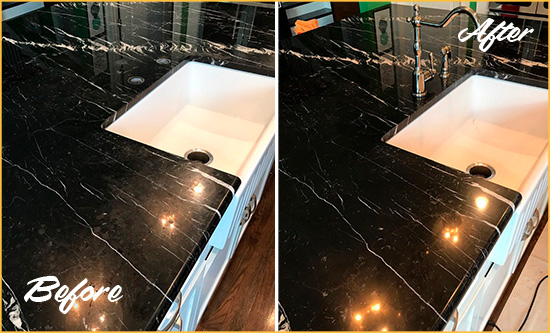 Before and After Picture of a Bowie Marble Kitchen Countertop Stone Sealed to Avoid Water Damage