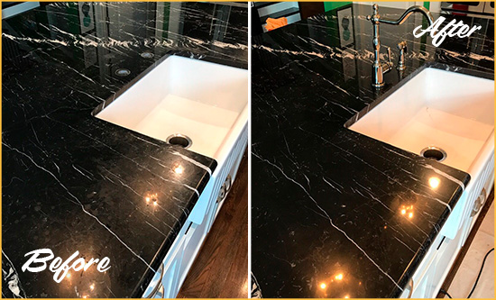 Before and After Picture of a Gambrills Marble Kitchen Countertop Stone Sealed to Avoid Water Damage