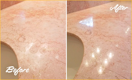 Before and After Picture of a Bowie Marble Stone Vanity Top Sealed to Avoid Water Marks
