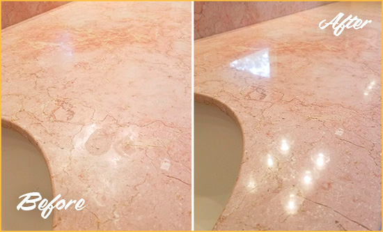 Before and After Picture of a Riva Marble Stone Vanity Top Sealed to Avoid Water Marks