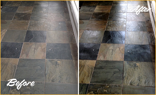 Before and After Picture of a Severna Park Slate Stone Floor Sealed to Eliminate Dullness